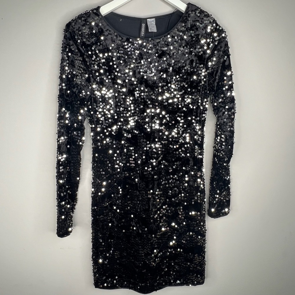 DIVIDED Black Velvet Sequin Bodycon Mini Dress Long Sleeve Glam Clubwear Size‎ 8